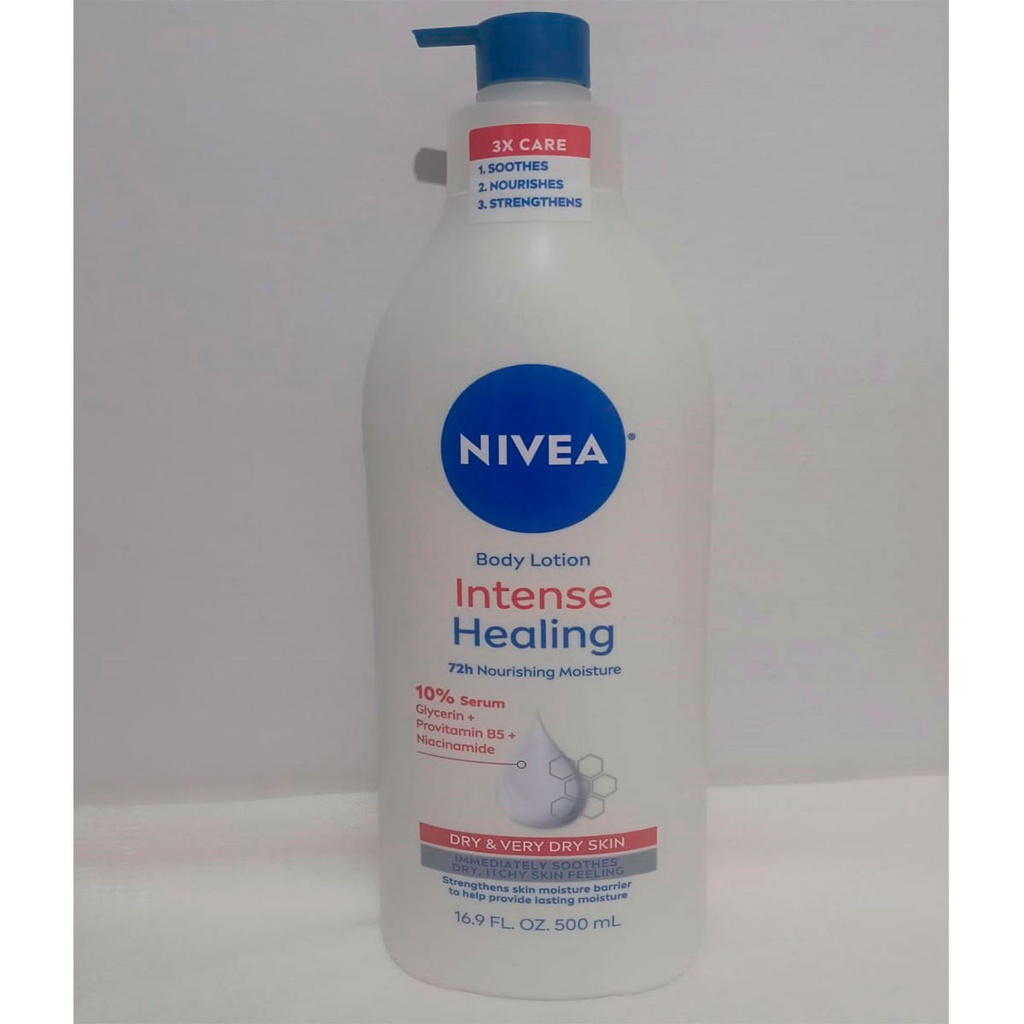 Nivea Blanca Intense Healing 500ml Hidratación profunda que dura 72 horas con provitaminas B5, niacinamida calma y repara. Suaviza la piel seca muy seca desde la primera aplicación. Dermatológicamente probada sin sensación grasosa. Fotalece la barrera natural de tu piel. Recupera la hidratación de tu piel. Envío gratis