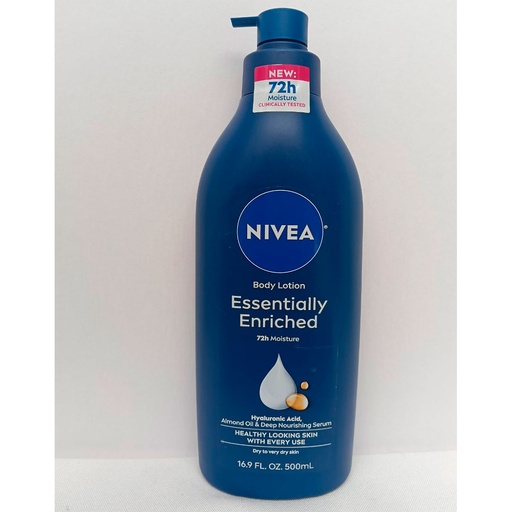 Nivea Azul Essentially Enriched Body Cream 500ml Hidratación profunda que dura 48 horas, con aceite de almendras y vitamina E suaviza la piel seca a muy seca. Dermatológicamente probada. No grasosa, se absorbe rápido. Tu piel merece suavidad que dura. Evíos gratis