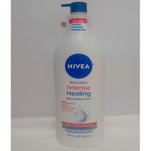 Nivea Blanca Intense Healing 500ml Hidratación profunda que dura 72 horas con provitaminas B5, niacinamida calma y repara. Suaviza la piel seca muy seca desde la primera aplicación. Dermatológicamente probada sin sensación grasosa. Fotalece la barrera natural de tu piel. Recupera la hidratación de tu piel. Envío gratis